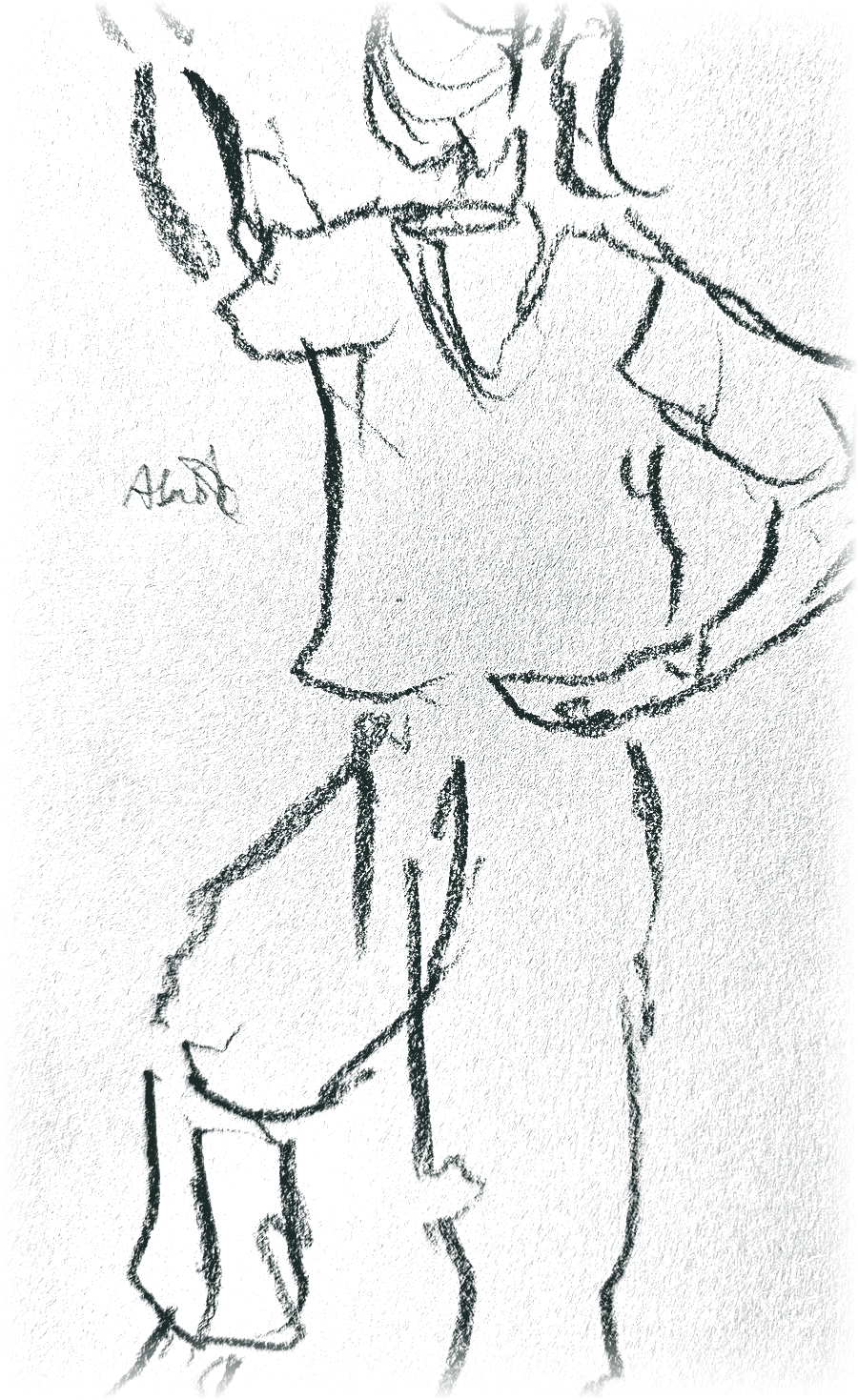 Charcoal drawing of a standing figure with one arm raised