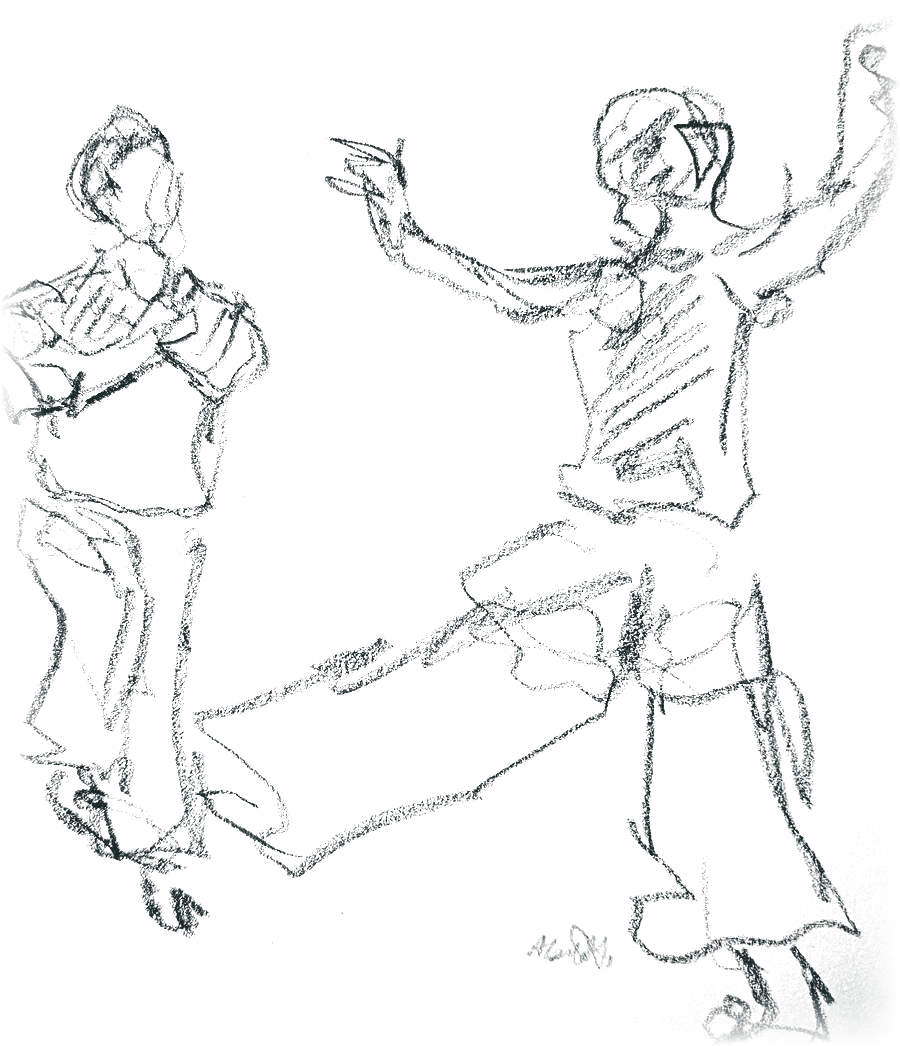 Charcoal drawing of two students moving through a Tai Chi posture